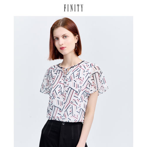 FINITY菲妮迪夏装印花雪纺衫女显瘦减龄休闲套头上衣
