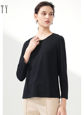 FINITY雪纺衫2024年秋季简约气质三醋酸黑色圆领套头打底衫女
