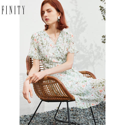 FINITY菲妮迪夏季法式宽松连衣裙女减龄时尚印花中长款裙子女