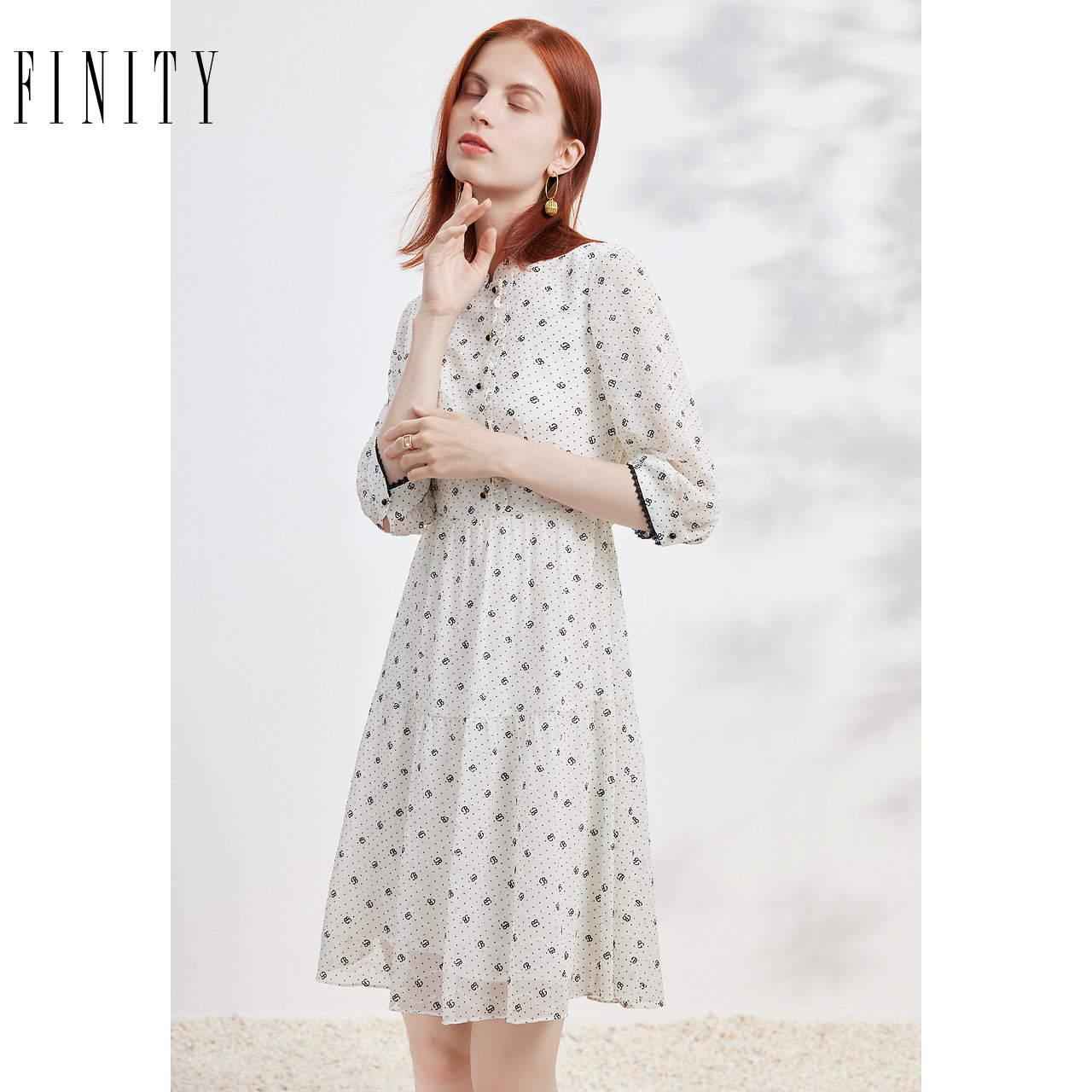 FINITY菲妮迪品牌连衣裙2024夏季 简约气质印花高腰七分袖A字裙子