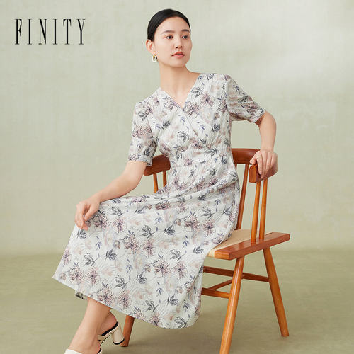 FINITY菲妮迪品牌连衣裙2024夏季V领印花法式洋气短袖A字裙子女