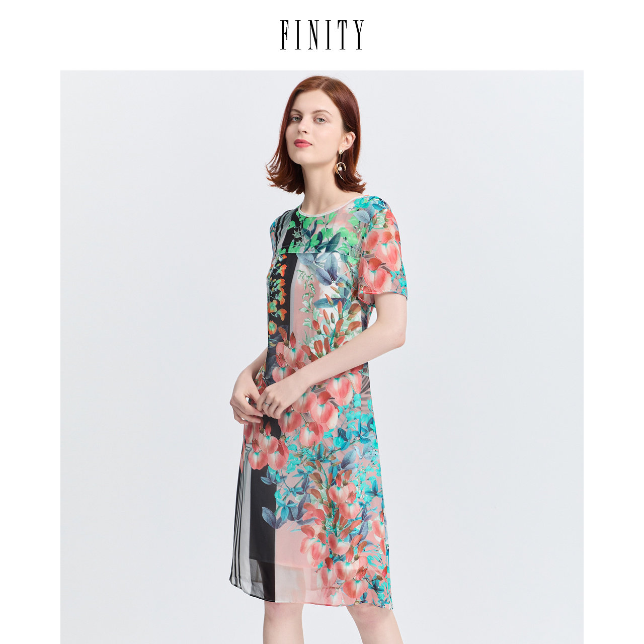 【100%桑蚕丝】FINITY菲妮迪夏装真丝短袖连衣裙女高端小香风裙子