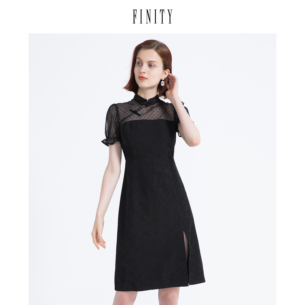 FINITY菲妮迪夏装纯色修身短袖连衣裙优雅气质浪漫中长款裙子