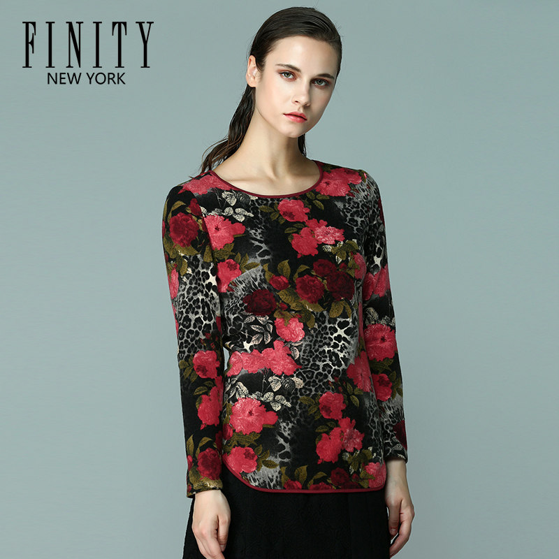 特价 菲妮迪/finity专柜正品 秋季优雅时尚修身显瘦印花套头衫女