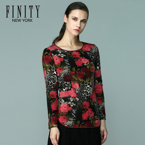 特价 菲妮迪/finity专柜正品 秋季优雅时尚修身显瘦印花套头衫女