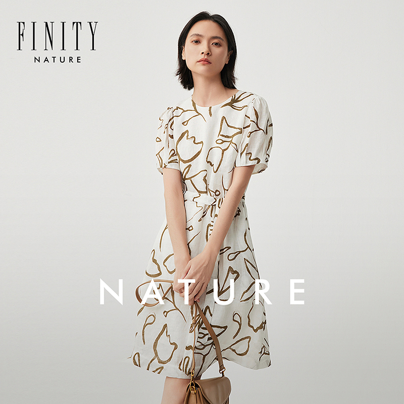 【NATURE系列】菲妮迪品牌连衣裙2024秋季新品圆领亚麻印花裙子女
