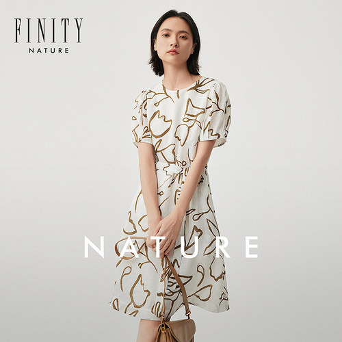 【NATURE系列】菲妮迪品牌连衣裙2024秋季新品圆领亚麻印花裙子女