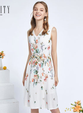 FINITY菲妮迪商场同款春夏白色花卉印花雪纺无袖收腰显瘦连衣裙