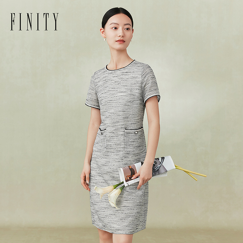 FINITY菲妮迪春夏裙子圆领短袖收腰显瘦舒适感气质连衣裙女