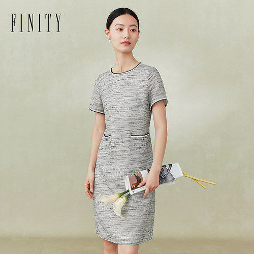 FINITY菲妮迪春夏裙子圆领短袖收腰显瘦舒适感气质连衣裙女
