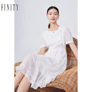 FINITY菲妮迪品牌连衣裙夏季简约白色圆领设计感时尚短袖裙子