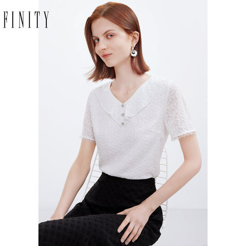 FINITY菲妮迪雪纺上衣2024夏季短袖遮肚子优雅设计感减龄白色小衫