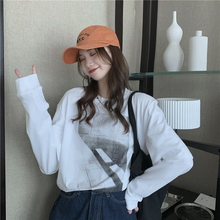 Real price ~ Korean loose and fake two-piece printing versatile long sleeve round neck T-shirt~