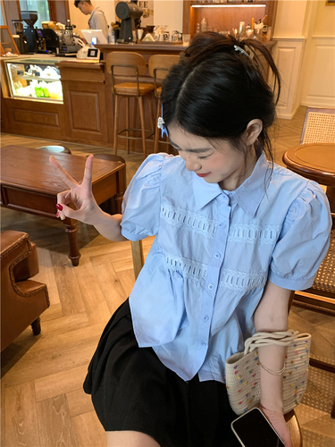 Actual shot~Korean style summer age-reducing lapel doll collar puff sleeves versatile shirt for little people~