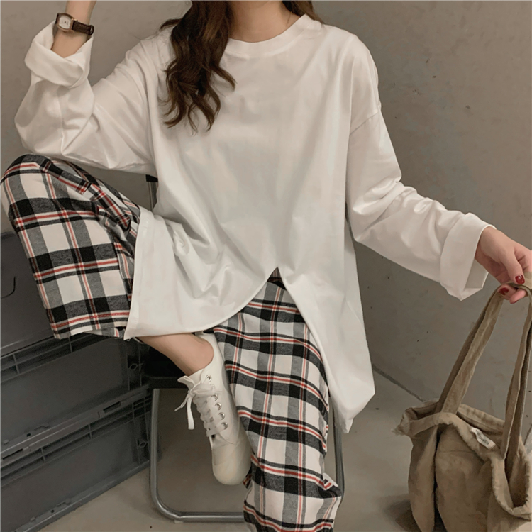 Real shot real price ~ Korean autumn loose ins versatile solid color cotton split bottomed T-shirt~