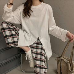 Real shot real price ~ Korean autumn loose ins versatile solid color cotton split bottomed T-shirt~