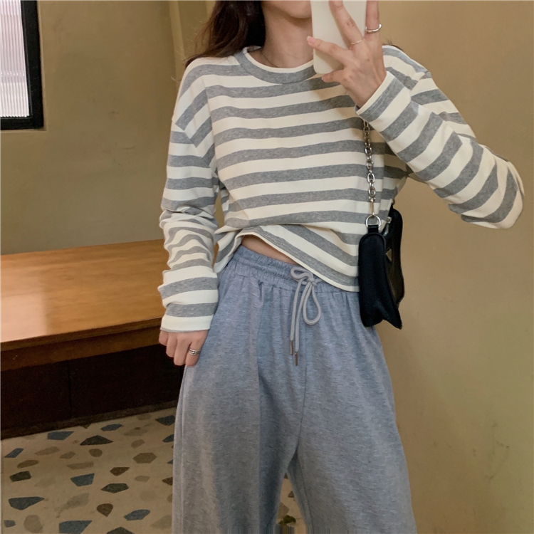 Real price ~ Korean striped short long sleeve T-shirt + drawstring legged casual pants~