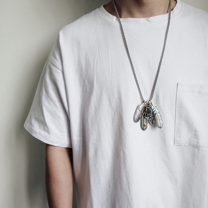 钛钢羽毛项链男潮余文乐复古小众街舞嘻哈摇滚吊坠hiphop毛衣链女