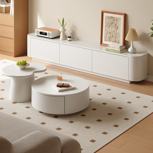 橡胶木落地款圆角电视柜岩板台面