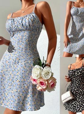 性感印花弹力邹吊带连衣裙 Sexy stretch zou condole belt dress