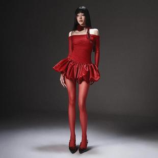 富家千金氛围感穿搭红色一字肩公主连衣裙女小众掐腰花苞蓬蓬裙