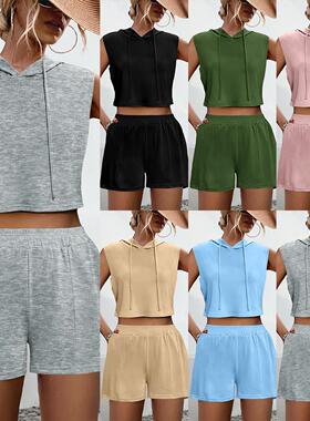 Hooded lace up pocket vest shorts set 连帽口袋背心短裤套装