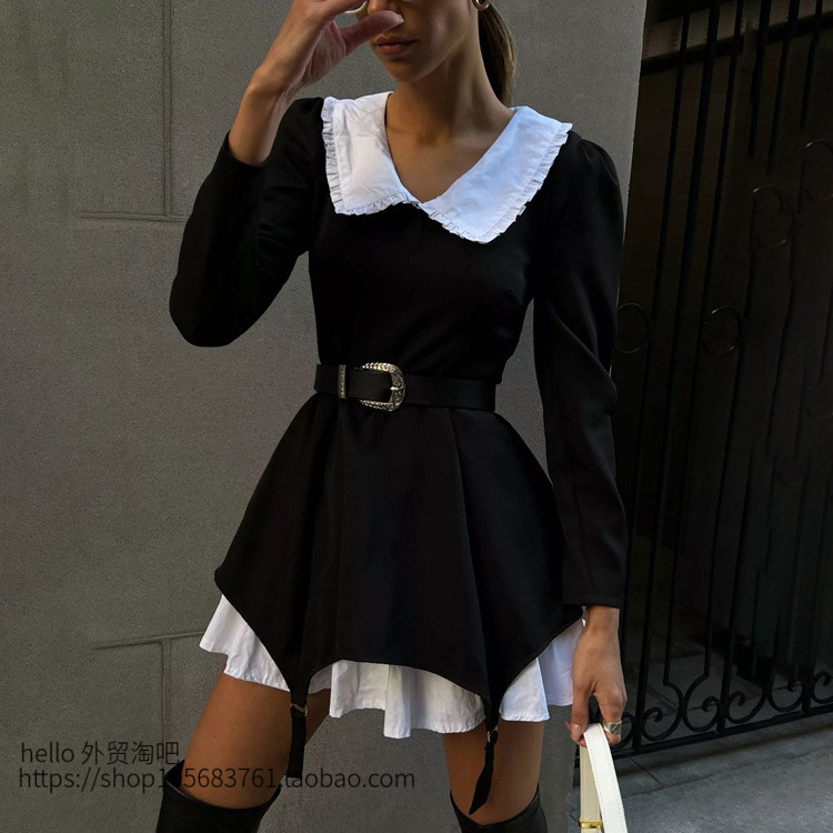 欧美风女装长袖娃娃领假两件连衣裙 Long sleeve doll neck dress