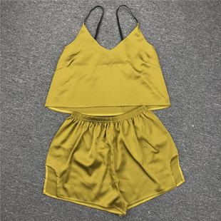 欧美仿丝吊带短裤睡衣家居服2套装女 homewear pajama set women