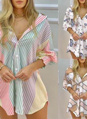 Colorful Striped Buttoned Shirt Dress彩色条纹衬衫连衣裙女