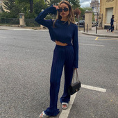 T恤两件套修身 Pieces 蓝色百褶阔腿裤 长袖 套装 Two Sets trousers