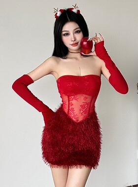 圣诞节穿搭辣妹红色透视蕾丝抹胸连衣裙带袖套毛毛拼接显瘦包臀裙