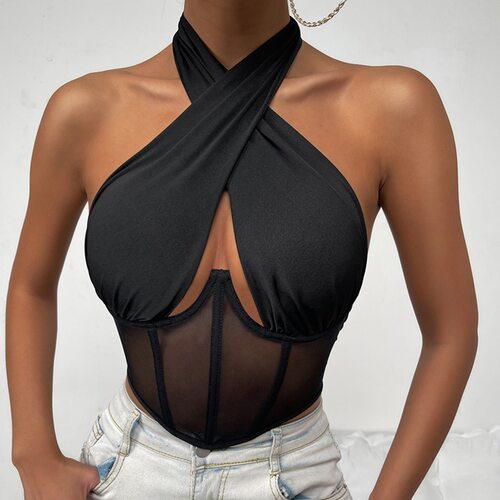 Cross Halter Corset Bustier Mesh Bone Tank Tops Women小背心