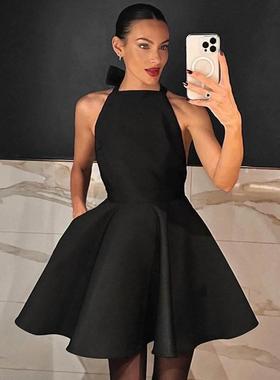 欧美性感无袖露背挂脖短裙轻熟气质A型缎面收腰连衣裙dress black