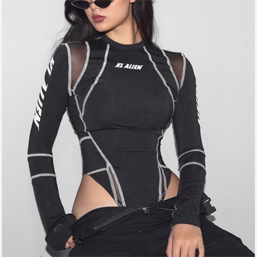 机能风辣妹网纱拼接打底t