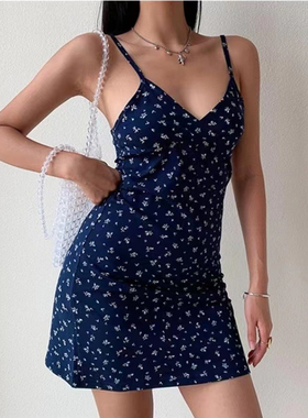 欧美性感修身碎花V领吊带连衣裙 Sexy Floral Mini Strap Dress