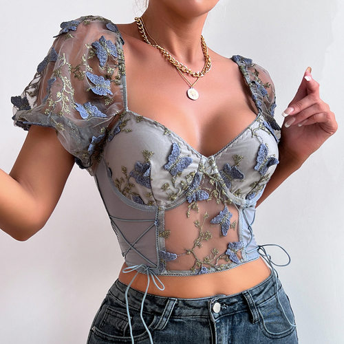 Puff Slee Top Women Backless Short Sleeve Cropped Top Blouse