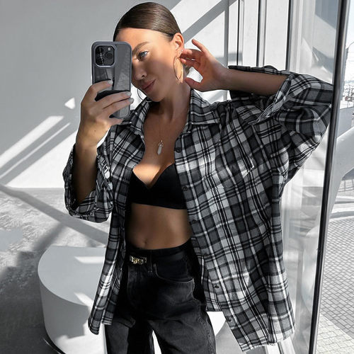 欧美时尚宽松格纹长袖衬