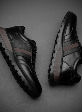 欧洲站男鞋真皮休闲皮鞋男士百搭厚底潮鞋黑色透气低帮防滑休闲鞋