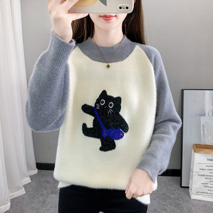 水貂绒毛衣女秋冬初中高中学生大童一体加绒加厚半高领打底衫