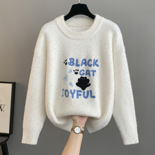 毛衣女秋冬2025新款学院风初中高中学生大童女孩宽松圆领加绒上衣