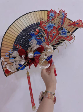 新中式新娘红色古风迎亲扇子婚礼手捧花订婚结婚晨袍凤凰古典折扇