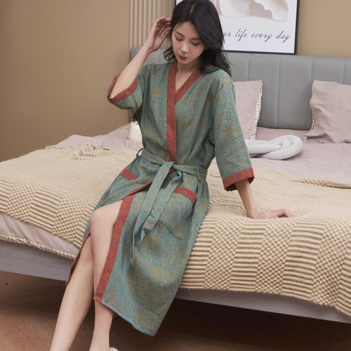 纯棉双层纱布睡袍夏季薄款女浴袍