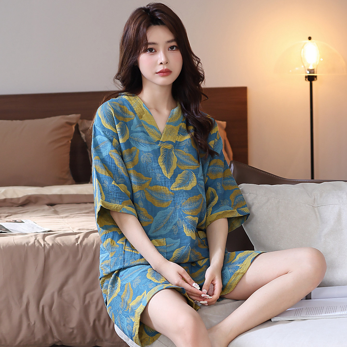纯棉汗蒸服女士双层纱布睡衣套装图片