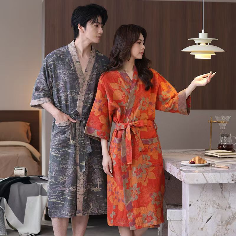 浴袍女纯棉双层纱布春夏男士睡袍