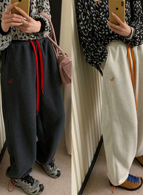 过冬款加绒卫裤~梨形身材遮胯显瘦撞色抽绳简约刺绣束脚长裤厚款