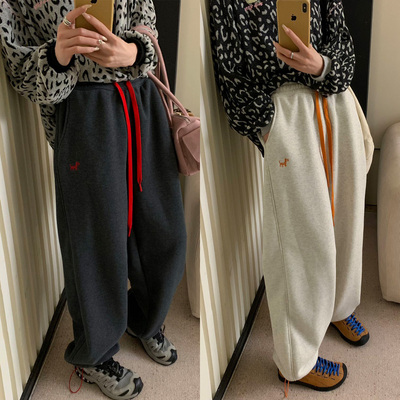 过冬款加绒卫裤~梨形身材遮胯显瘦撞色抽绳简约刺绣束脚长裤厚款