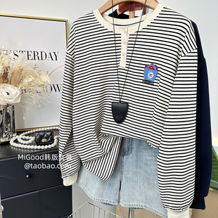 JU好穿推荐~高品质韩国纸袋家百搭果篮条纹纽扣刺绣宽松t恤打底衫