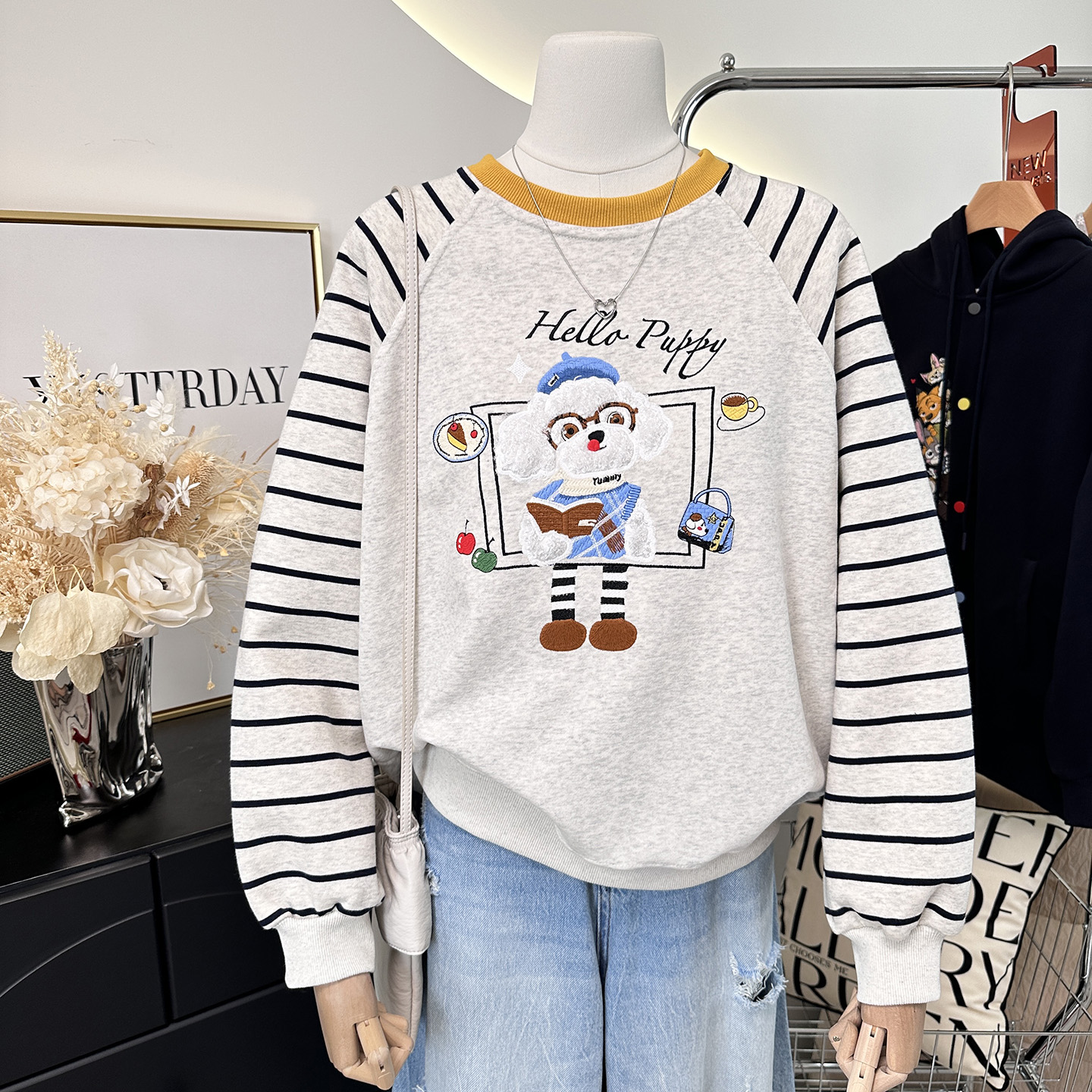 2025新款韩国时尚洋气毛茸刺绣狗狗条纹插肩袖宽松圆领卫衣女秋季