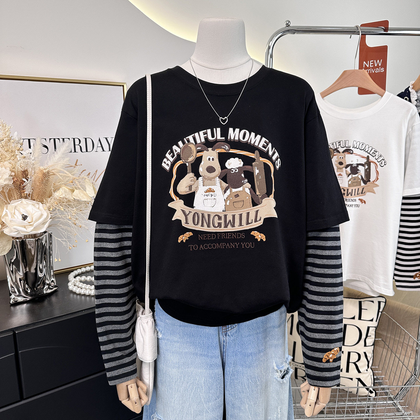 推荐YongWill纸袋家品质时尚百搭条纹袖假两件t恤女加厚纯棉上衣