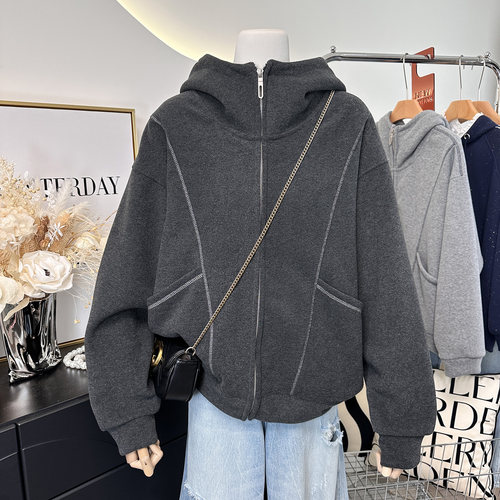 冬季2025新款韩系纯色净版时尚宽松显瘦连帽加绒拉链外套女高级感